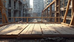 Plancher en bois sur un site de construction dans une ville