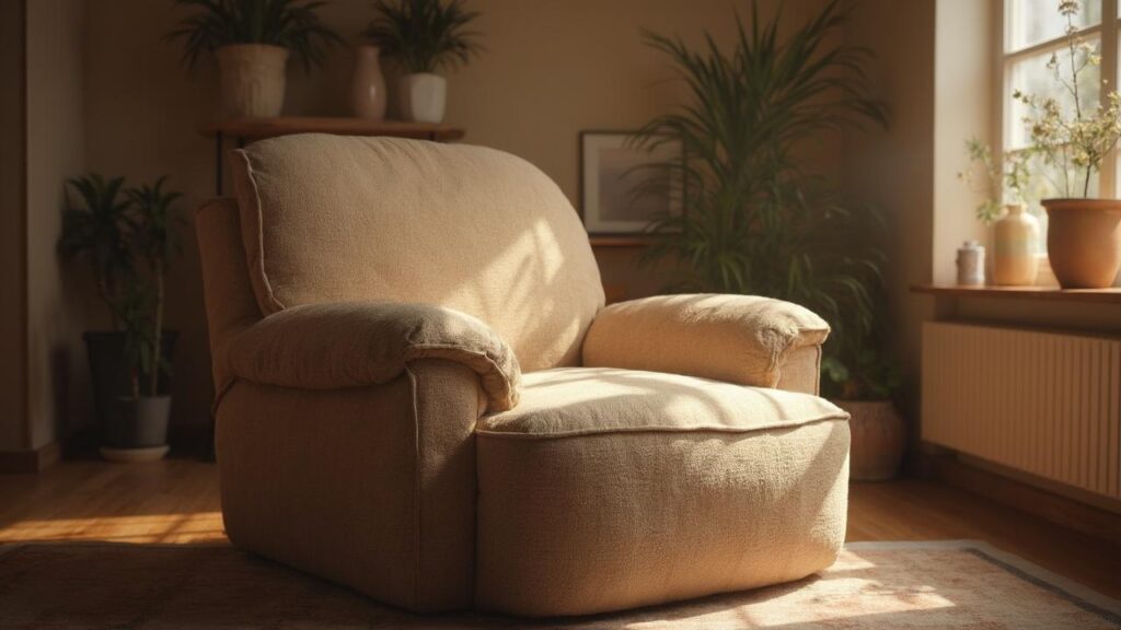 Fauteuil beige moelleux dans un salon avec plantes vertes