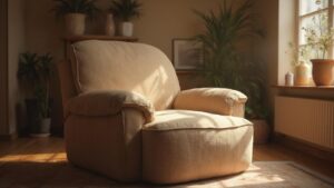 Fauteuil beige moelleux dans un salon avec plantes vertes