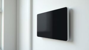 Écran plat noir de télévision fixé au mur dans un intérieur minimaliste.