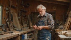 Un homme âgé travaillant dans son atelier de menuiserie.