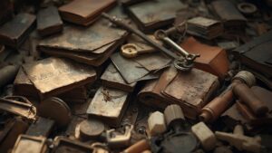 Pile de livres, papiers et objets anciens et endommagés.