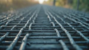 Voie de chemin de fer recouverte de givre, avec des rails en métal et une perspective de fuite.